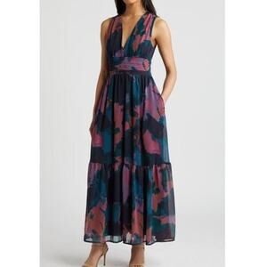 NWT Chelsea28 Blue & Purple Floral Print Sleeveless Chiffon Maxi Dress SZ XS NEW